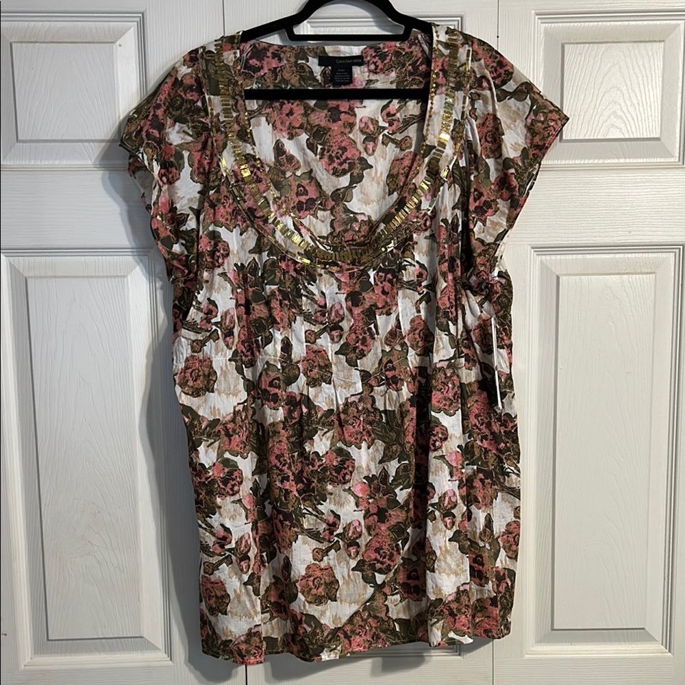 CALVIN KLEIN JEANS NWT Floral Cap Sleeve Blouse Brown White Beaded Cotton 3X